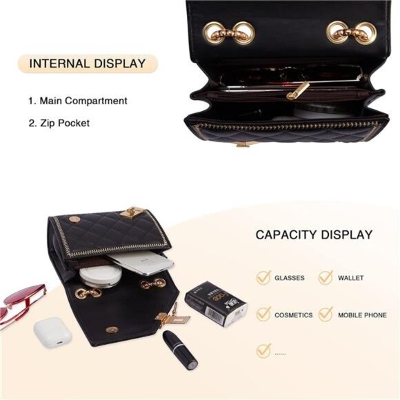 Quilted Crossbody Bag Black Vegan Leather Shoulder Bag Fashion Chain Small Purse - Picture 8 of 9